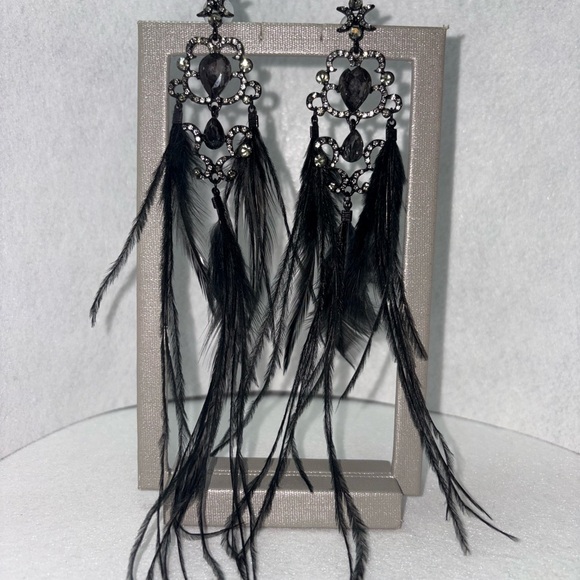 Dramatic Feather & Rhinestone Earrings - Picture 3 of 6